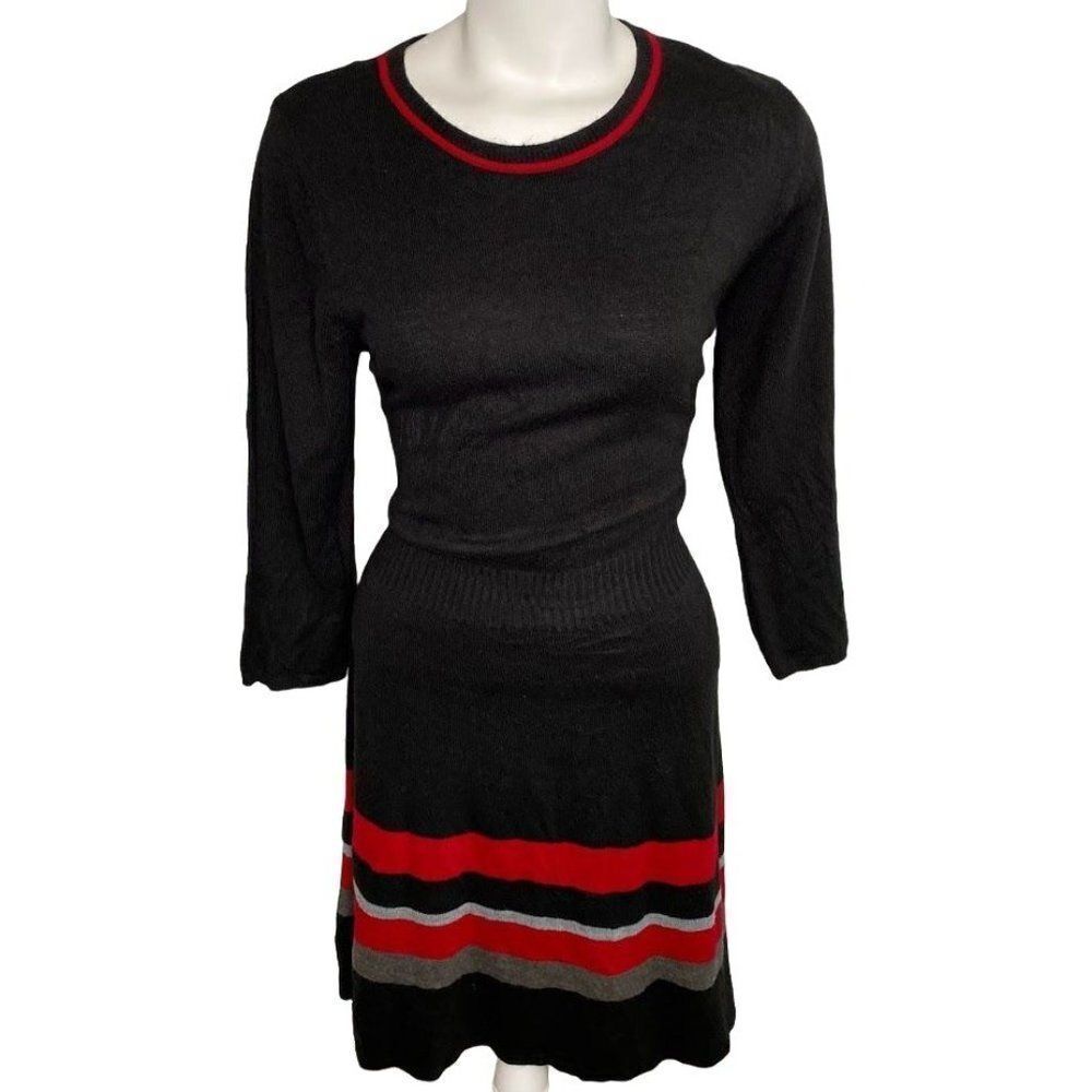 Apt 9 Fit & Flare Dress Women's MEDIUM Black Red Gray Long-Sleeve Soft Crew
